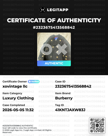 LegitAPP certificate of authenticity for a Burberry item with a black background.