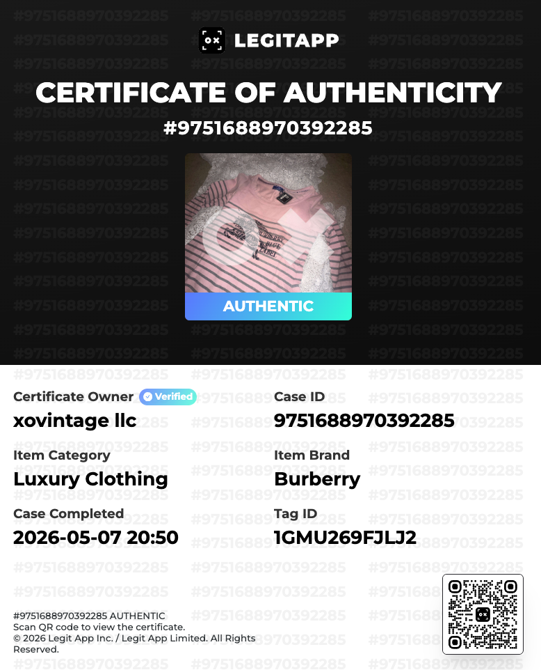 legitapp certificate for a burberry item