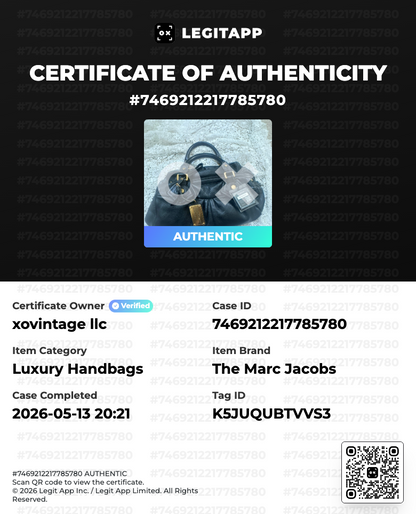 Certificate of Authenticity for a Marc Jacobs handbag with a visible QR code.